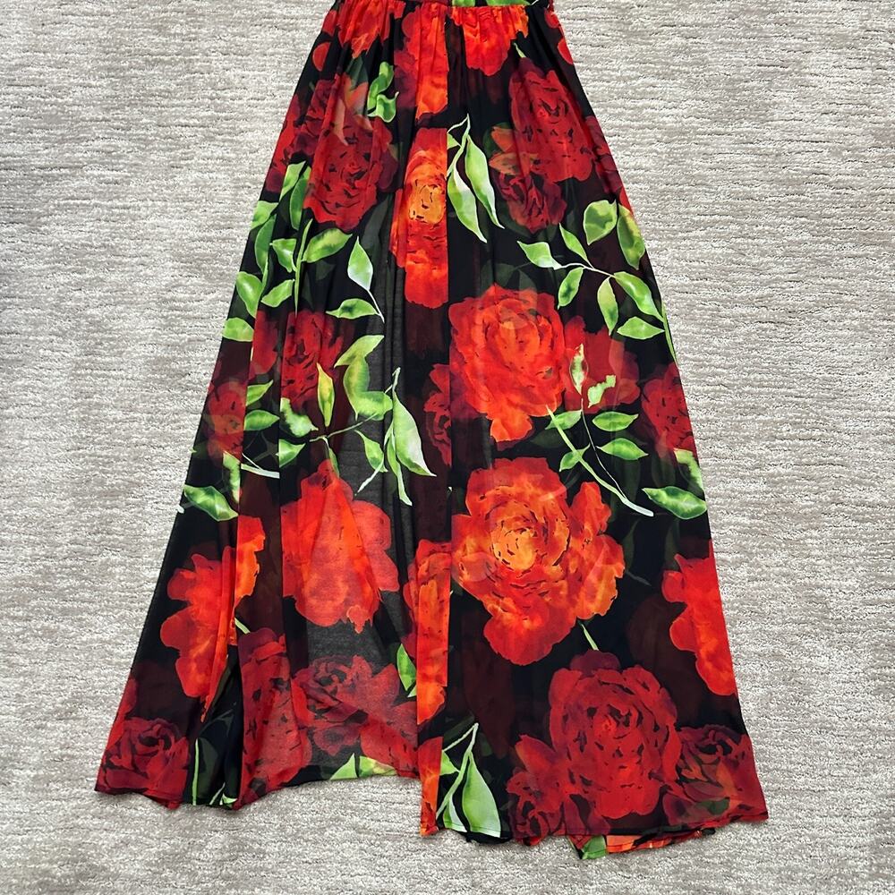 Bebe Romper Maxi Dress Womens 0 Red Black Floral Deep V Neck Slits - Picture 7 of 15